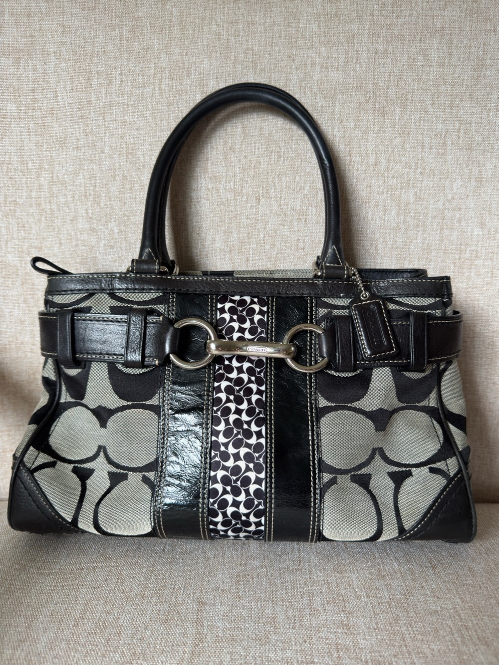 Coach Hamptons Signature Multi Print Logo Stripe Carryall Satchel F13073